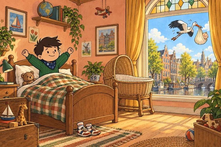 Noah wordt wakker terwijl de ooievaar met een baby over de gracht vliegt