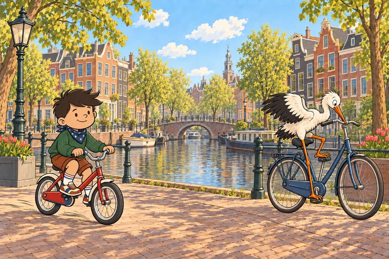 Noah fietst langs de gracht, de ooievaar op een fiets ernaast