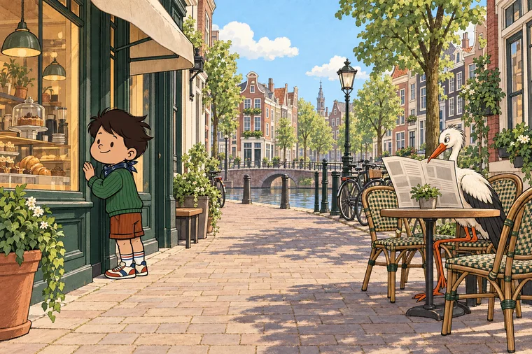 Noah kijkt naar gebak in een etalage, de ooievaar leest de krant op het terras