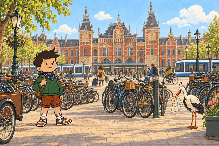 Noah en de ooievaar tussen de geparkeerde fietsen bij Amsterdam Centraal