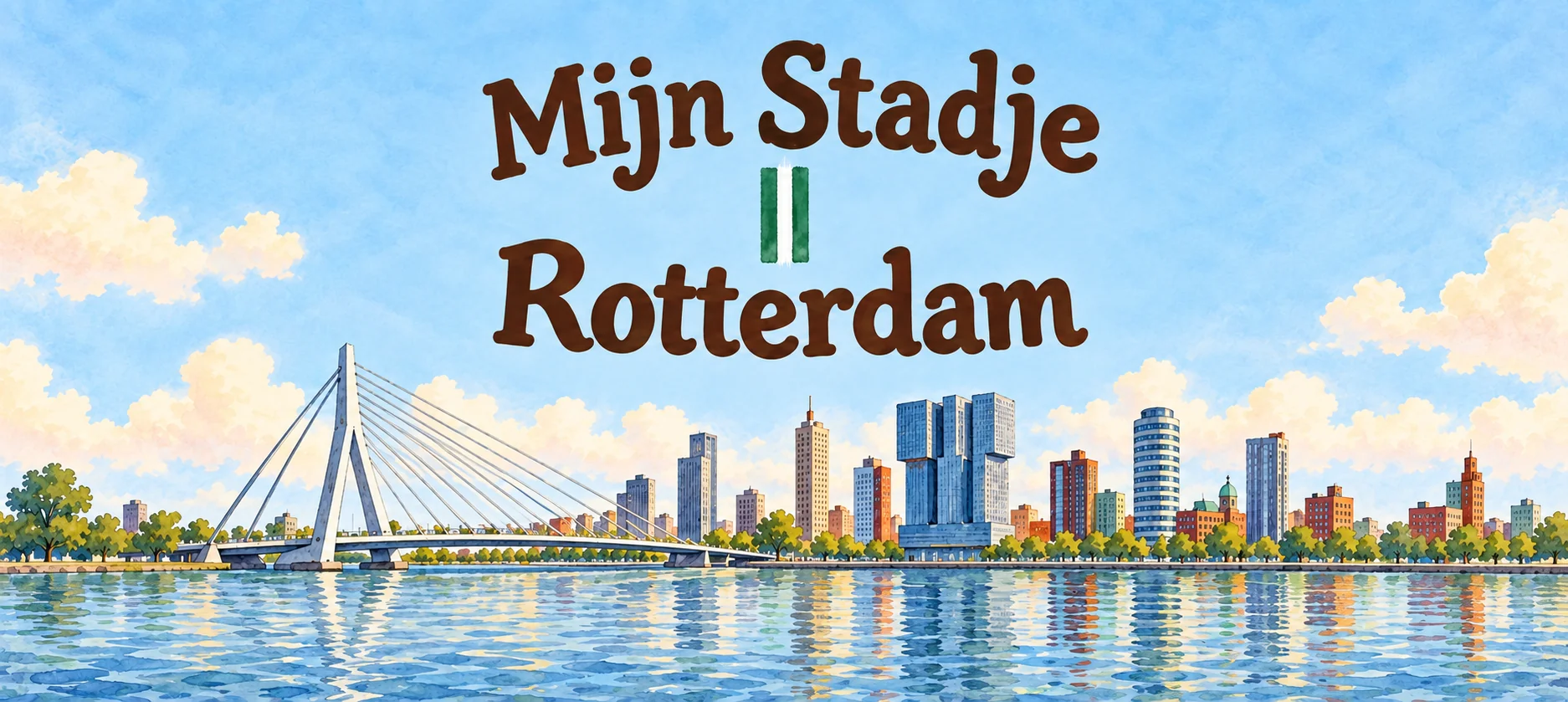 Geïllustreerde titelbanner van Mijn Stadje Rotterdam